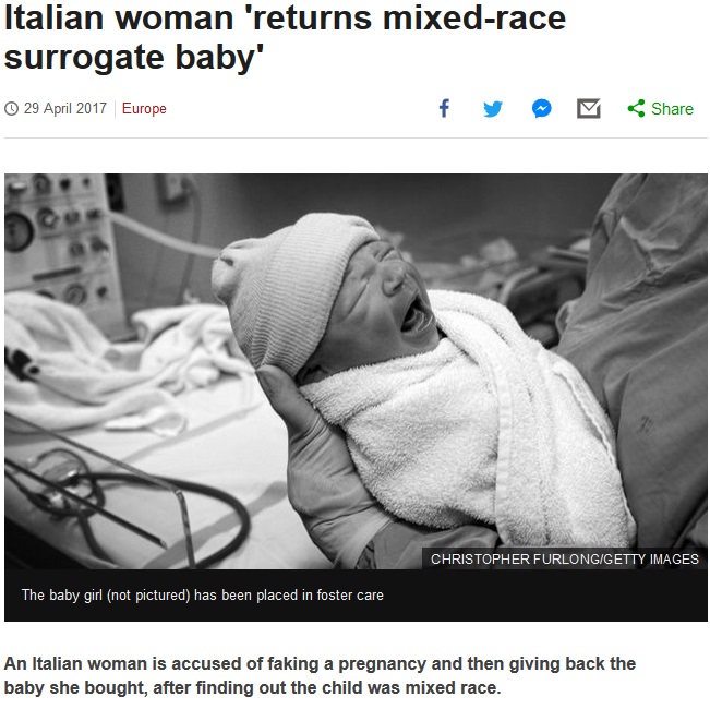 代理出産で産まれた子供を「肌の色が違う」と突き返す（出典：http://www.bbc.co.uk）