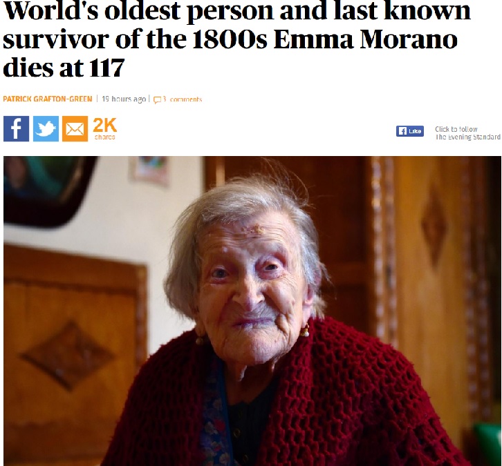 世界最高齢だったイタリアの女性が死去（出典：http://www.standard.co.uk）
