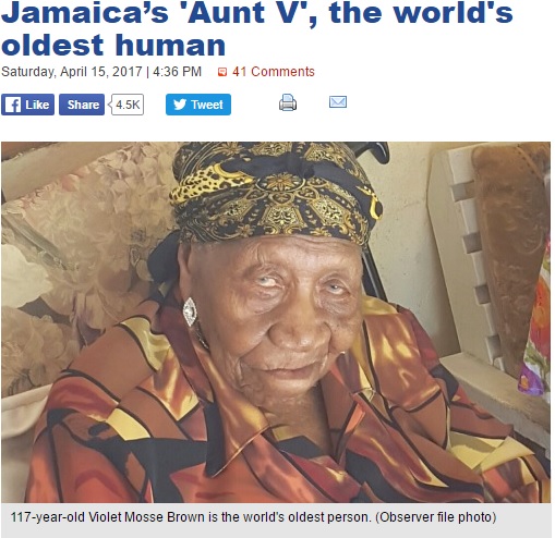 世界最高齢となったジャマイカ女性（出典：http://www.jamaicaobserver.com）