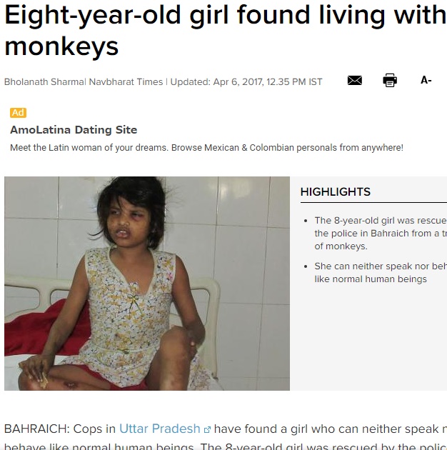 ジャングルでサルと共に生きていた少女（出典：http://timesofindia.indiatimes.com）