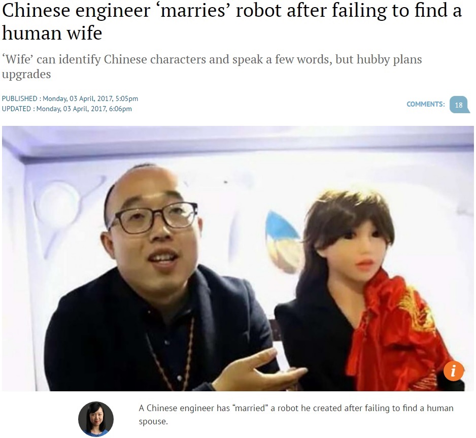 ロボットを妻に迎えた中国人男性（出典：http://www.scmp.com）