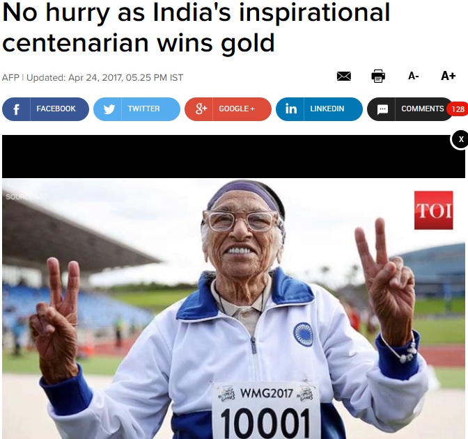 100mを“1分14秒”で駆け抜けた101歳女性（出典：http://timesofindia.indiatimes.com）