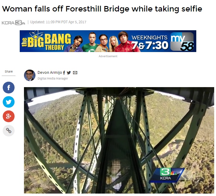 セルフィーで若い女性、鉄橋で足を滑らせ18m下に転落（出典：http://www.kcra.com）
