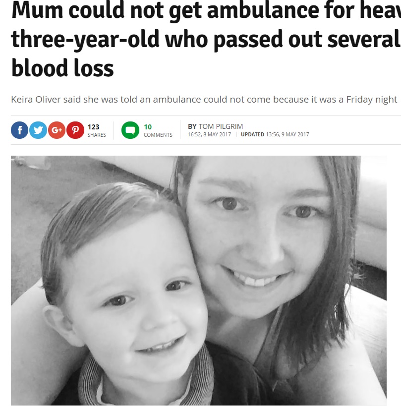 怪我をした3歳児に救急車は駆け付けることなく（出典：http://www.cambridge-news.co.uk）