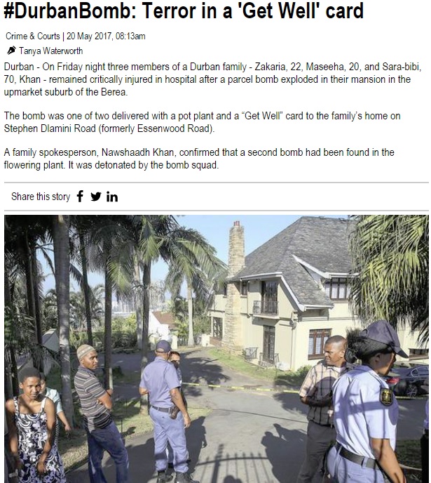 爆発テロが発生したダーバンの家（画像は『IOL News　2017年5月20日付「DurbanBomb: Terror in a 'Get Well' card」（Picture: Leon Lestrade）』のスクリーンショット）