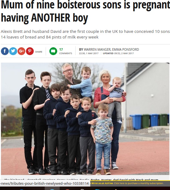 男の子9人が揃うスコットランドの一家（出典：http://www.mirror.co.uk）