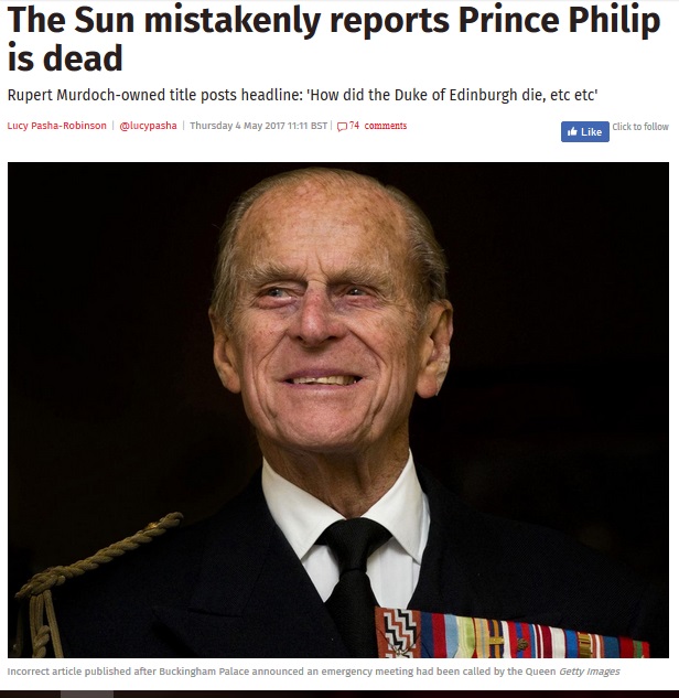 ご健在のフィリップ殿下に死亡説（出典：http://www.independent.co.uk）