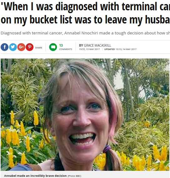 がん宣告された女性、夫のもとを去る決意（出典：http://www.mirror.co.uk）