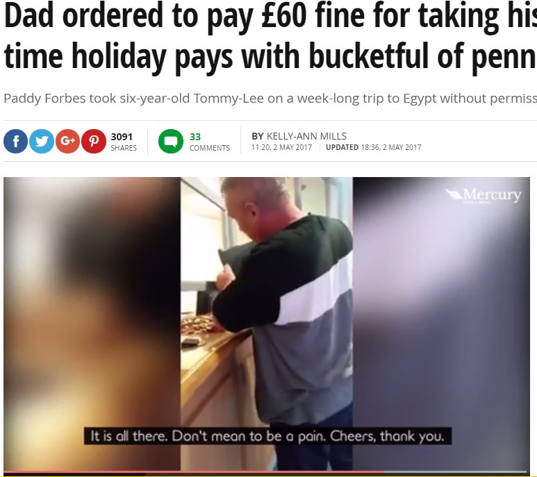 罰金60ポンドを全て硬貨で支払った父親（出典：http://www.mirror.co.uk）
