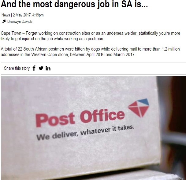 路上を移動する距離分、危険も多く（画像は『IOL News　2017年5月2日付「And the most dangerous job in SA is...」』のスクリーンショット）