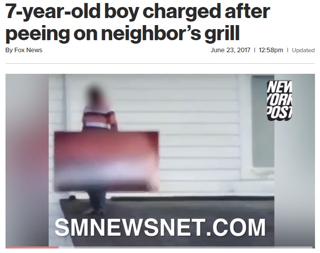 隣家のBBQグリルに放尿した7歳少年を逮捕（画像は『New York Post　2017年6月23日付「7-year-old boy charged after peeing on neighbor’s grill」（SMNEWSNET.COM）』のスクリーンショット）