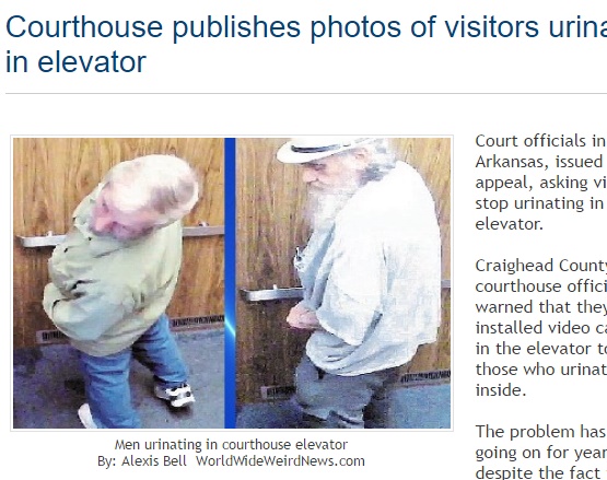 裁判所のエレベーターで排尿行為！（画像は『WorldWide Weird News　2017年6月19日付「Courthouse publishes photos of visitors urinating in elevator」（Alexis Bell WorldWideWeirdNews.com）』のスクリーンショット）