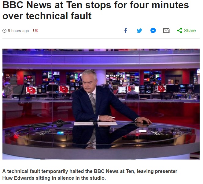 テクニカルな不具合で4分間大混乱したBBC看板ニュース番組（画像は『BBC News　2017年6月21日付「BBC News at Ten stops for four minutes over technical fault」』のスクリーンショット）