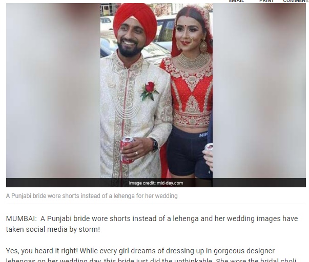 ショートスパッツで式に臨んだインドの花嫁（画像は『NDTV 2017年6月6日付「Meet The Punjabi Bride Who Wore Shorts Instead Of Lehenga（Image credit: mid-day.com）』のスクリーンショット）