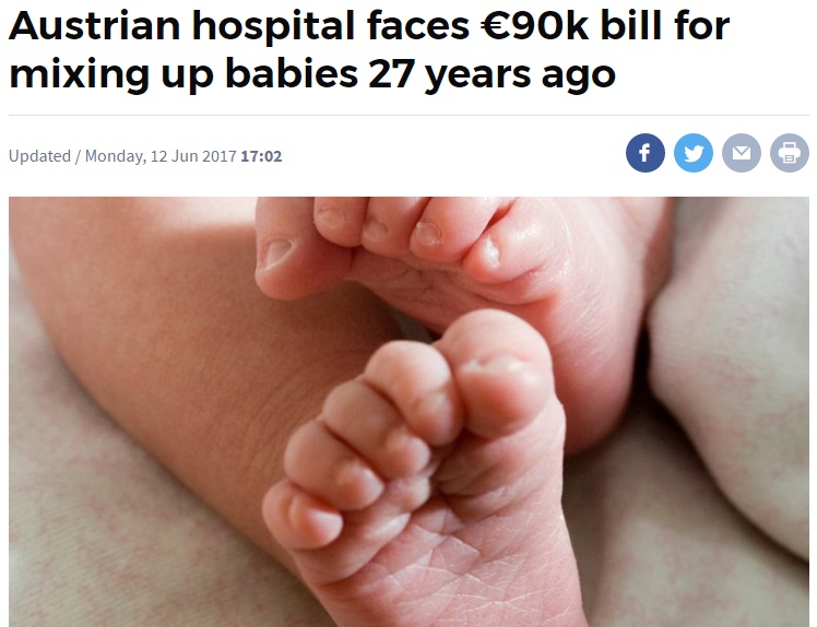 病院が乳児取り違えにつき高額の慰謝料支払いへ（画像は『RTÉ.ie　2017年6月12日付「Austrian hospital faces 90k bill for mixing up babies 27 years ago」』のスクリーンショット）