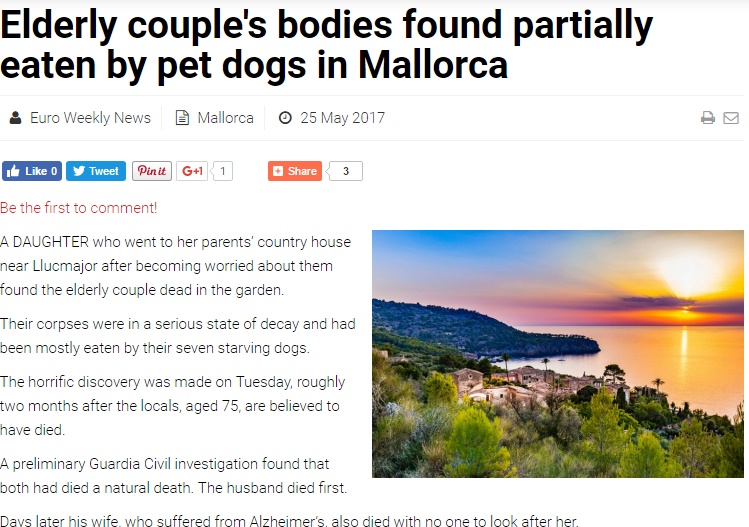 飼い犬、老夫婦の亡骸を食べて飢えをしのぐ（画像は『Euro Weekly　2017年5月25日付「Elderly couple's bodies found partially eaten by pet dogs in Mallorca」』のスクリーンショット）