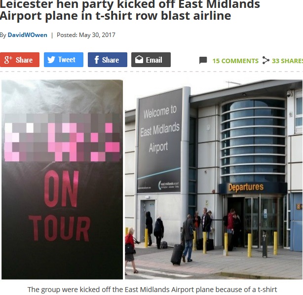 女性グループ、Tシャツの文字が「不適切」と降機させられる（画像は『Leicester Mercury　2017年5月30日付「Leicester hen party kicked off East Midlands Airport plane in t-shirt row blast airline」』のスクリーンショット）