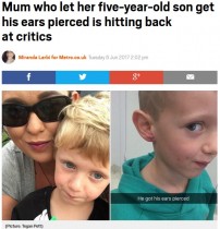 【海外発！Breaking News】5歳息子にピアスをさせた母親、世間の批判に反論（豪）