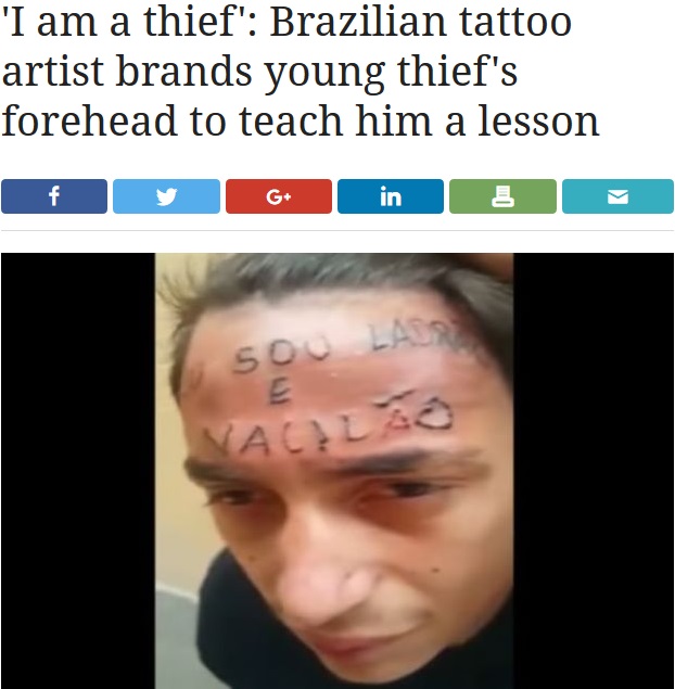 見せしめとして額にタトゥーを彫られた少年（画像は『The Star Online　2017年6月12日付「I am a thief: Brazilian tattoo artist brands young thief's forehead to teach him a lesson」』のスクリーンショット）