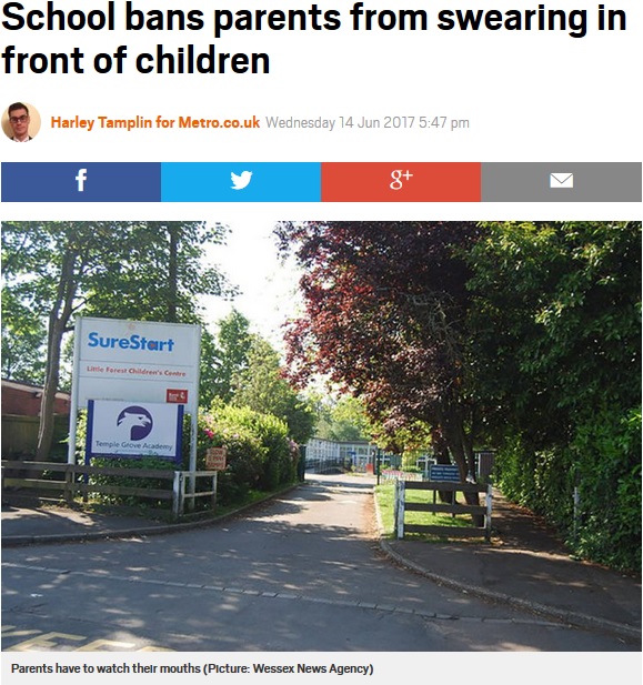 「暴言を吐く親は来ないで」と校長が禁止令（画像は『Metro　2017年6月14日付「School bans parents from swearing in front of children」（Picture: Wessex News Agency）』のスクリーンショット）