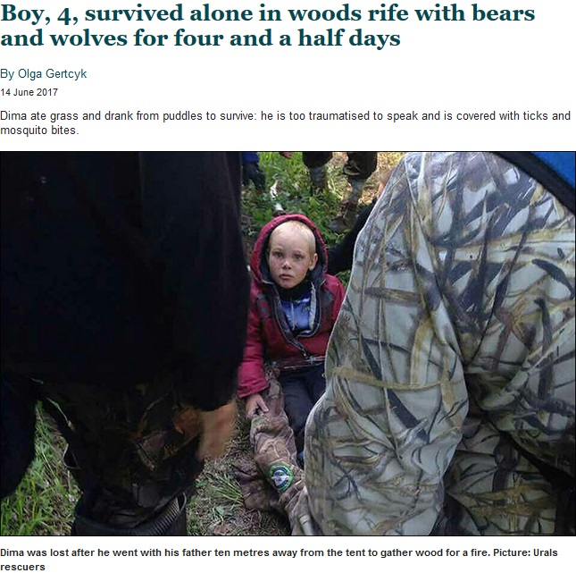 救出された4歳男児（画像は『Siberian Times　2017年6月14日付「Boy, 4, survived alone in woods rife with bears and wolves for four and a half days」（Picture: Urals rescuers）』のスクリーンショット）