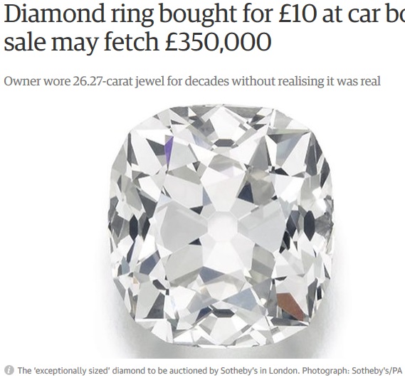 ガラクタ市で購入した指輪がまさかの価値に（画像は『The Guardian　2017年5月22日付「Diamond ring bought for ￡10 at car boot sale may fetch ￡350,000」（Photograph: Sotheby's/PA）』のスクリーンショット）