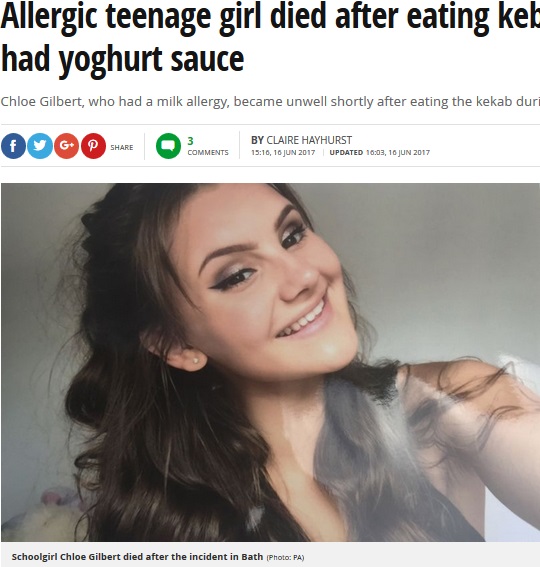 ケバブのヨーグルトソースが原因で死亡した15歳少女（画像は『Mirror Online　2017年6月16日付「Allergic teenage girl died after eating kebab not realising it had yoghurt sauce（Photo: PA）』のスクリーンショット）