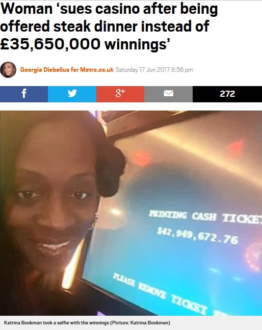スロットマシンで大金を当てた女性（画像は『Metro　2017年6月17日付「Woman ‘sues casino after being offered steak dinner instead of ￡35,650,000 winnings’」（Picture: Katrina Bookman）』のスクリーンショット）