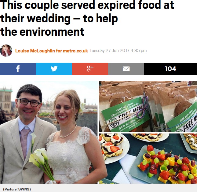 賞味期限の食材で披露宴のゲストに料理を振る舞ったカップル（画像は『Metro　2017年6月27日付「This couple served expired food at their wedding - to help the environment」（Picture: SWNS）』のスクリーンショット）