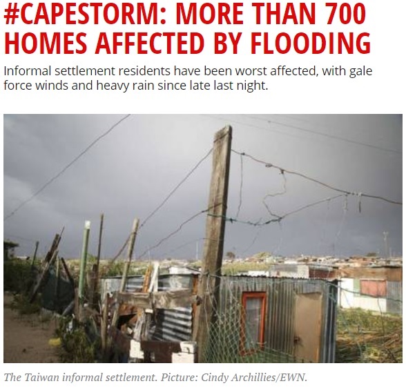 暴風雨で被害が拡大するケープタウン（画像は『Eyewitness News　2017年6月7日付「CAPESTORM: MORE THAN 700 HOMES AFFECTED BY FLOODING」（Picture: Cindy Archillies/EWN）』のスクリーンショット）