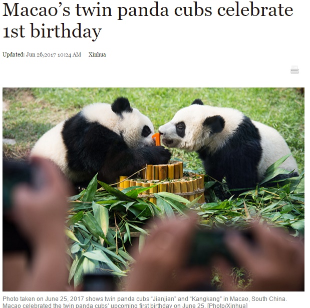 マカオの双子のパンダ、1歳誕生日を迎える（画像は『ENGLISH.GOV.CN　2017年6月26日付「Macao’s twin panda cubs celebrate 1st birthday」（Photo/Xinhua）』のスクリーンショット）