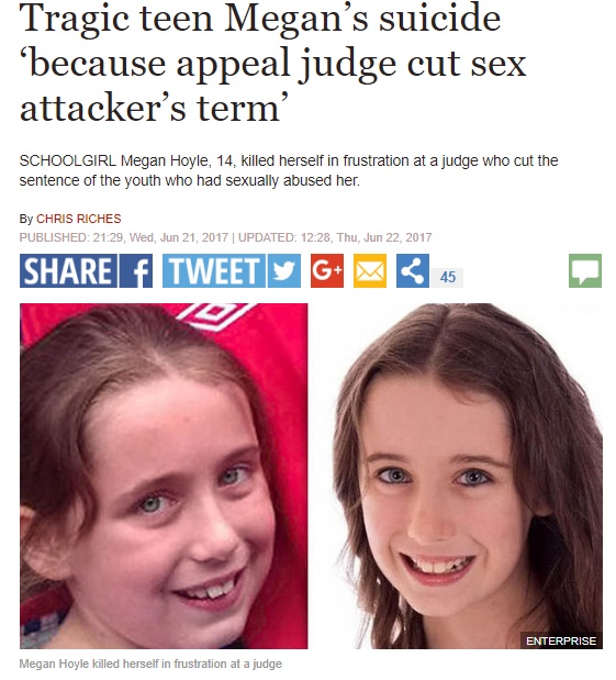 性的暴行の被害にあった少女、加害者の減刑を知り絶望感から自殺していた（画像は『Express.co.uk　2017年6月22日付「Tragic teen Megan’s suicide ‘because appeal judge cut sex attacker’s term’」（ENTERPRISE）』のスクリーンショット）