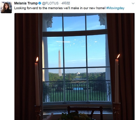 転居を報告したメラニア夫人（画像は『Melania Trump 2017年6月12日付Twitter「Looking forward to the memories we'll make in our new home！ ＃Movingday」』のスクリーンショット）