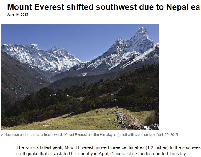 2015年の強い地震でエベレスト山の高さに変化か（画像は『Phys.org　2015年6月16日付「Mount Everest shifted southwest due to Nepal earthquake」』のスクリーンショット）