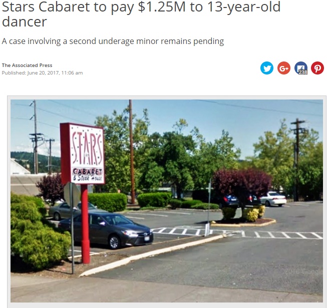 13歳ほか未成年少女を働かせていたストリップクラブ（画像は『KOIN.com　2017年6月20日付「Stars Cabaret to pay $1.25M to 13-year-old dancer」（Google Maps）』のスクリーンショット）