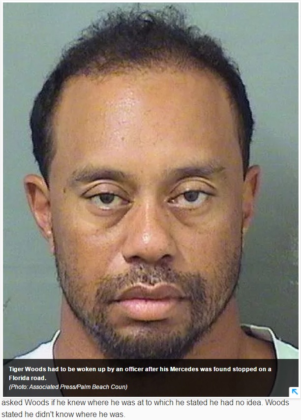 疲れた表情も話題になったタイガー・ウッズ（画像は『USA TODAY　2017年5月30日付「Tiger Woods had to be woken up by police before DUI arrest」（Photo:Associated Press/Palm Beach County Sheriff's Office）』のスクリーンショット）