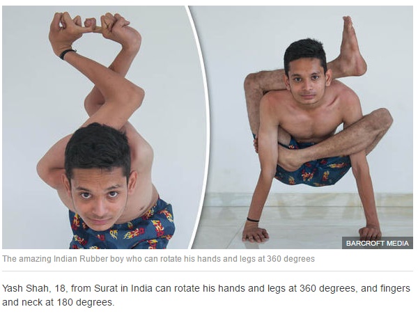関節がとても柔らかいインドの少年（画像は『Express.co.uk　2017年5月10日付「The amazing Indian Rubber boy who can rotate his hands and legs at 360 degrees」（BARCROFT MEDIA）』のスクリーンショット）