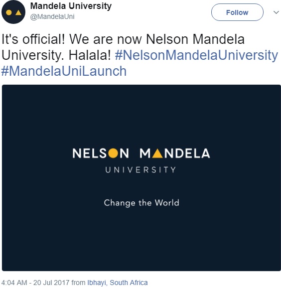 ネルソン・マンデラ大学の新しいロゴ（画像は『Mandela University　2017年7月20日付Twitter「It's official! We are now Nelson Mandela University. Halala!」』のスクリーンショット）