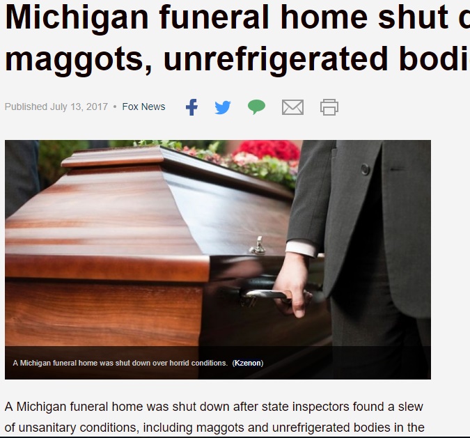 米・葬儀業者、冷蔵庫に入れず遺体を車庫に放置（画像は『Fox News　2017年7月13日付「Michigan funeral home shut down over maggots, unrefrigerated bodies」（Kzenon）』のスクリーンショット）