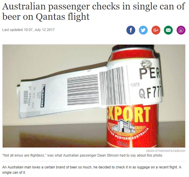 空港バゲージクレームで人々の苦笑を誘った1本の缶ビール（画像は『Stuff.co.nz　2017年7月12日付「Australian passenger checks in single can of beer on Qantas flight」（DEAN STINSON/FACEBOOK）』のスクリーンショット）