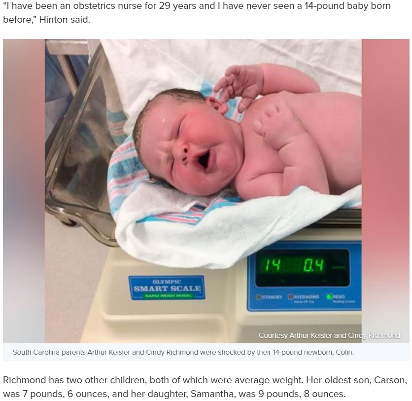 6464gで誕生した赤ちゃん（画像は『ABC News　2017年6月27日付「South Carolina parents shocked by their 14-pound newborn」（Courtesy Arthur Keisler and Cindy Richmond）』のスクリーンショット）