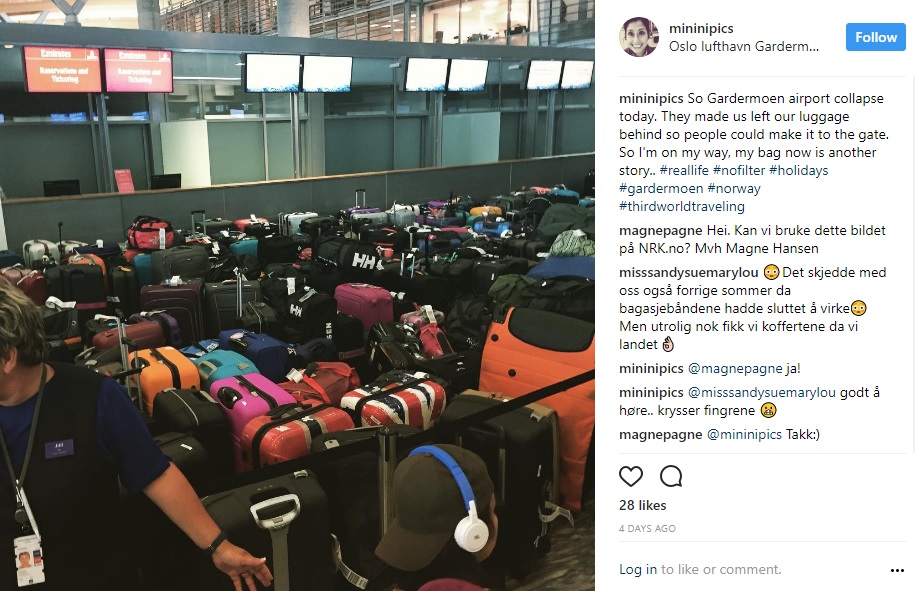 スーツケースで埋め尽くされた出発ロビー（画像は『Nini Castaneda　2017年6月29日付Instagram「So Gardermoen airport collapse today.」』のスクリーンショット）