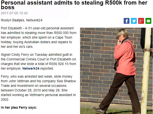逮捕された社長秘書の51歳女（画像は『News24　2017年7月5日付「Personal assistant admits to stealing R500k from her boss」（Charles Pullen, Netwerk24）』のスクリーンショット）