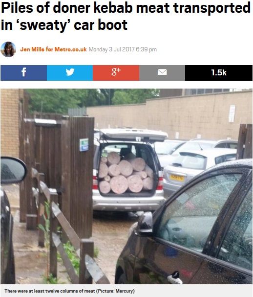 暑い日の車内に積み上げられた“肉”（画像は『Metro　2017年7月3日付「Piles of doner kebab meat transported in ‘sweaty’ car boot」（Picture: Mercury）』のスクリーンショット）