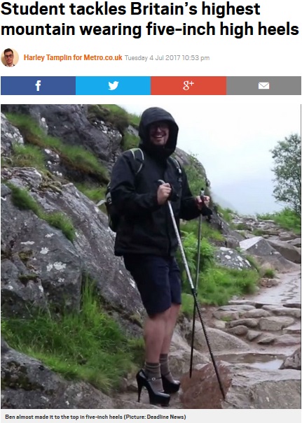 ハイヒールで登山に挑戦！（画像は『Metro　2017年7月4日付「Student tackles Britain’s highest mountain wearing five-inch high heels」（Picture: Deadline News）』のスクリーンショット）