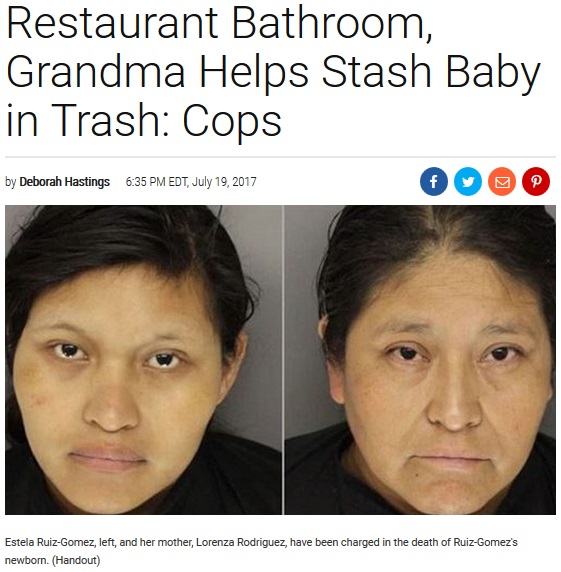 産まれたばかりの新生児をゴミ箱に捨てた女とその母親（画像は『Inside Edition　2017年7月19日付「Mother Gives Birth in Restaurant Bathroom, Grandma Helps Stash Baby in Trash: Cops」（Handout）』のスクリーンショット）