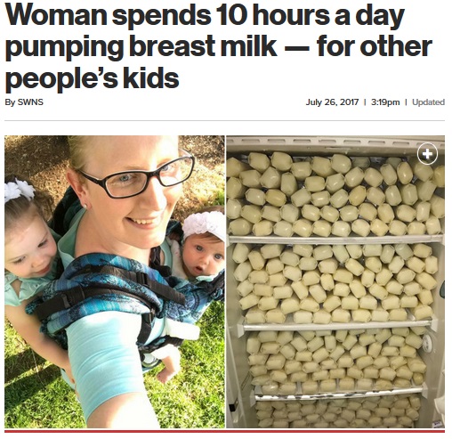 母乳を寄付し続ける母親。冷凍庫は母乳でぎっしり（画像は『New York Post　2017年7月26日付「Woman spends 10 hours a day pumping breast milk - for other people’s kids」（SWNS）』のスクリーンショット）