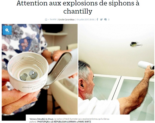 問題の「エスプーマ」がまた爆発（画像は『Le Parisien　2017年7月4日付「Attention aux explosions de siphons à chantilly」（PHOTOPQR/LE RÉPUBLICAIN LORRAIN/MARC WIRTZ）』のスクリーンショット）