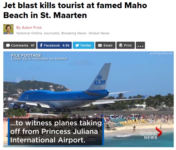 世界一危険と言われるセント・マーチン島のマホ・ビーチ（画像は『Global News　2017年7月13日付「Jet blast kills tourist at famed Maho Beach in St. Maarten」』のスクリーンショット）