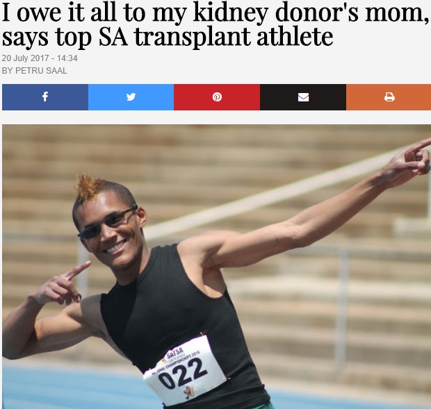 「今の自分はすべて少年のおかげ」17歳ドナーに感謝する20歳男性（画像は『Times LIVE　2017年7月20日付「I owe it all to my kidney donor's mom‚ says top SA transplant athlete」（Image: Desire Jones）』のスクリーンショット）